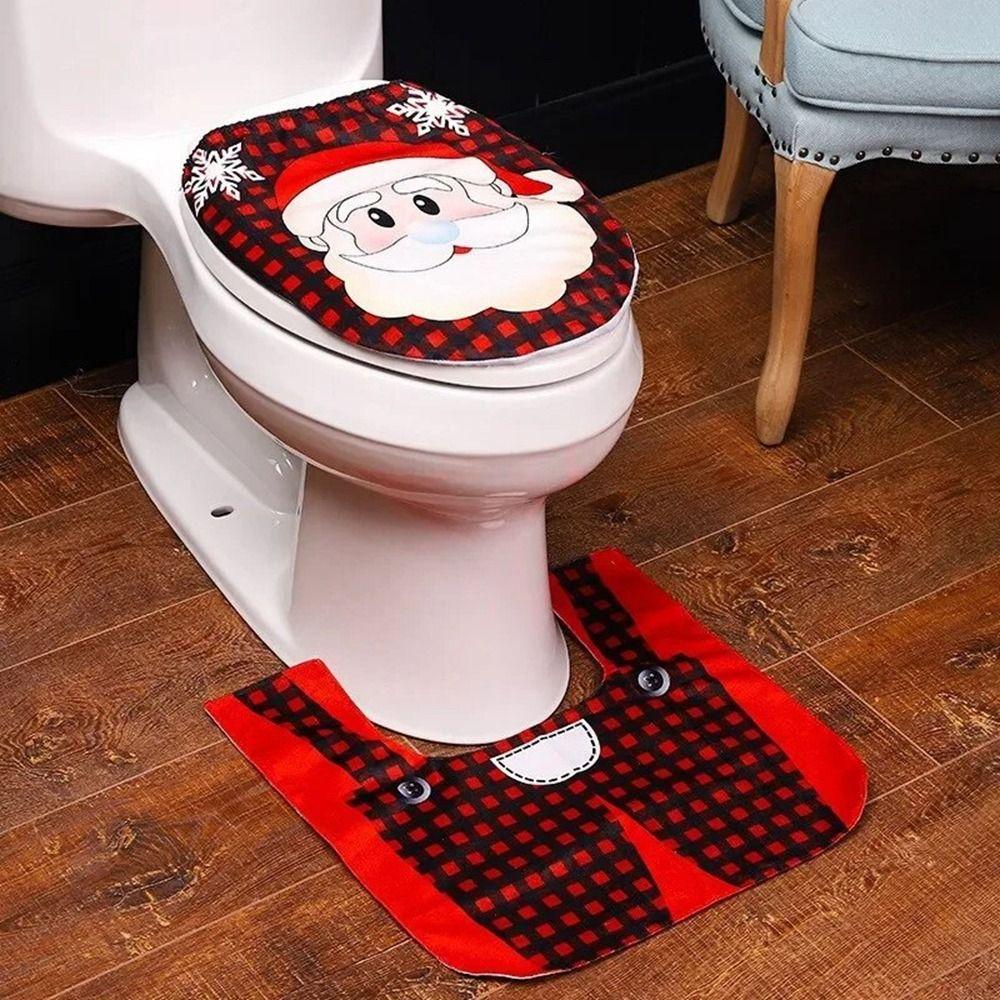 2Pcs/set Santa Pattern Bathroom Seat Set Dust Proof Santa Floor Carpet  Protection  Floor