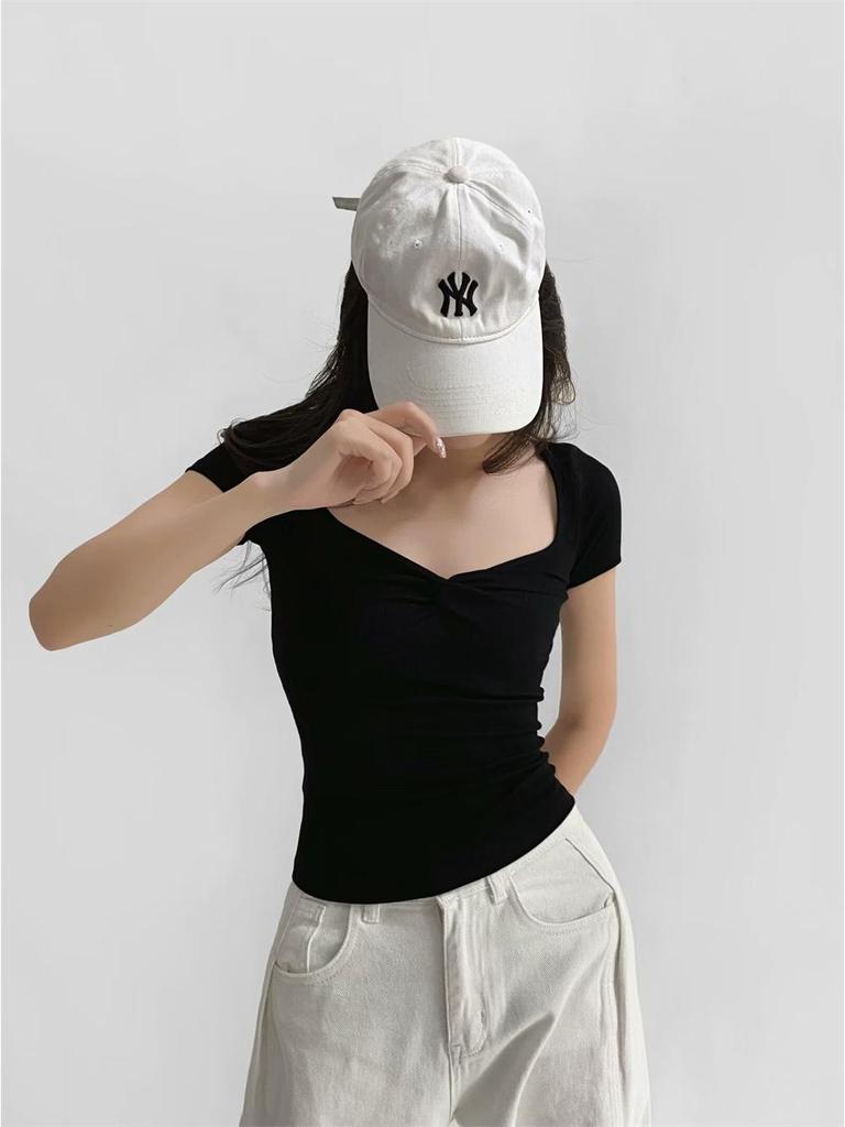 YPFF Women's Trendy Solid Color V-Neck Twist Knot American T-Shirt