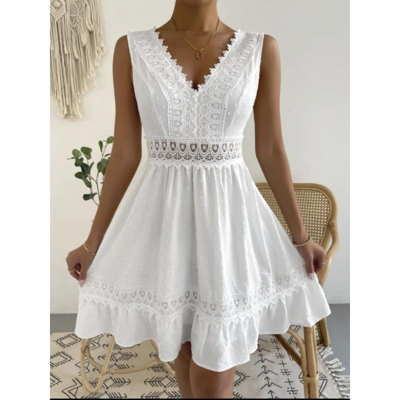 

Женское кружевное лоскутное плиссированное платье с V-образным вырезом и открытой спиной XXL белый