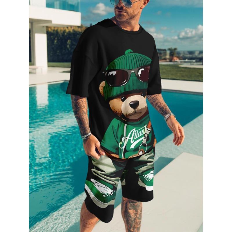 California Letter Print Men's Two Piece Set, Short Sleeve T-shirt & Drawstring Shorts