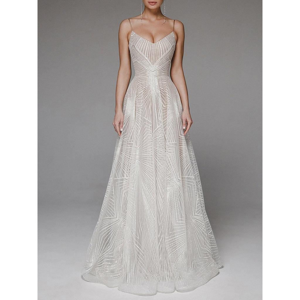 Spring Summer New Women's Long Dress, European American Sexy Sleeveless Strappy Embroidered Party Gown Dress