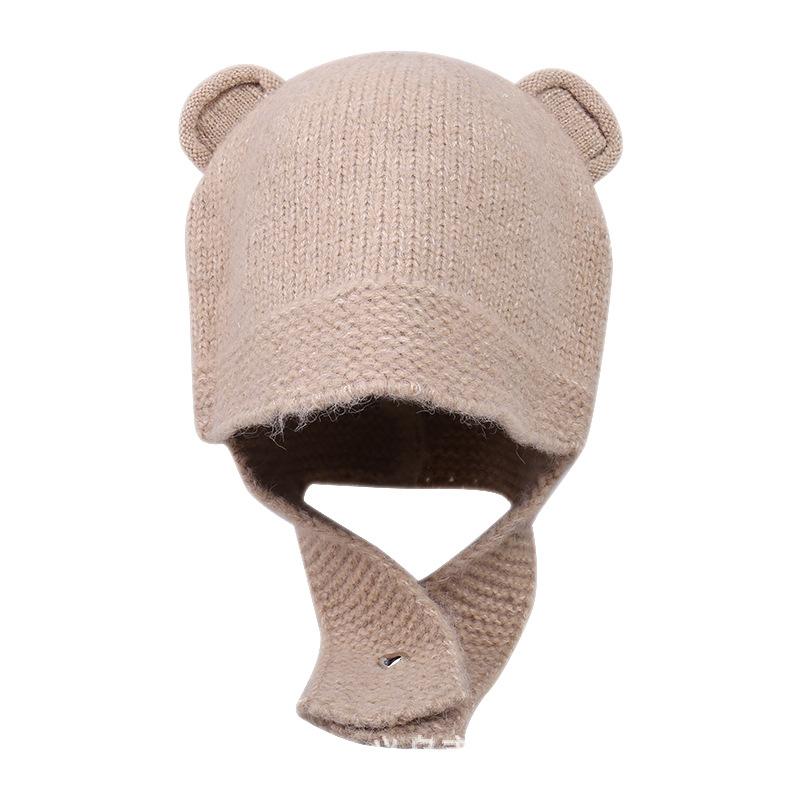 Popular autumn and winter cute bear hat warm and windproof knitted ear hat outdoor versatile and cold-proof wool bald hat