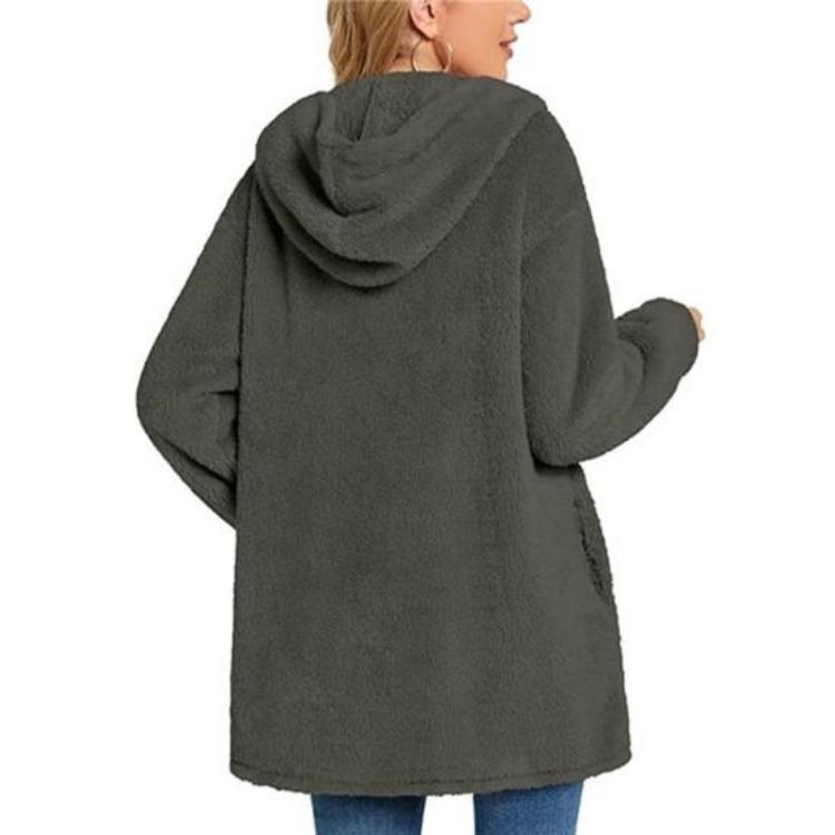 Manteau Long Décontracté en Polaire pour Femme Veste à Capuche Sherpa Oversize avec Poches Bouton Duvet Vêtement d'Extérieur Moelleux
