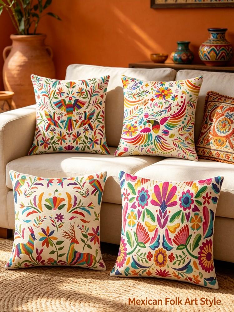 Mexican Otomi Floral Animal Pillow Covers Boho Ethnic Peachskin Cushion Cases For Sofa Livingroom Bedroom Home Decor