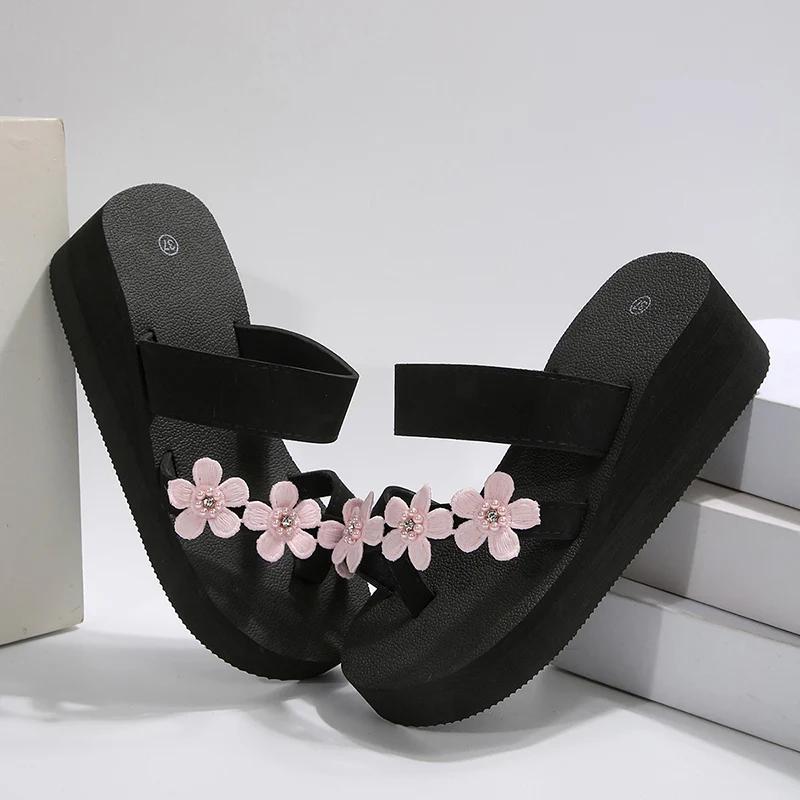 Fashion Simple Style Flower High Heel Slippers Women New Plus Size Thick Bottom Sandals Female Summer Beach Non Slip Wedge Slides Mujer