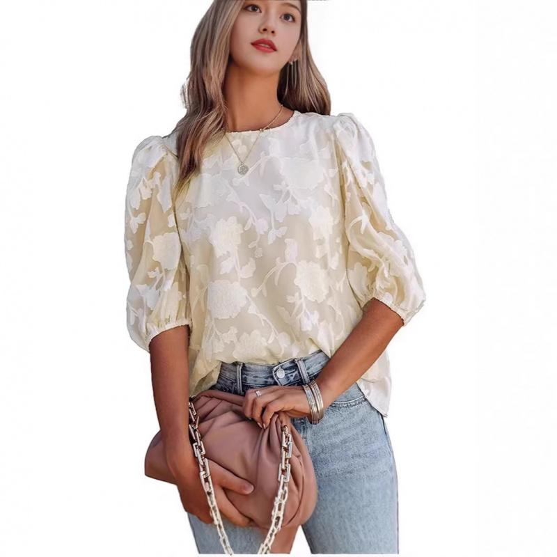 2026 Summer Women's Chiffon T-Shirt Floral Bubble Sleeve Fashionable Round Neck Loose Top