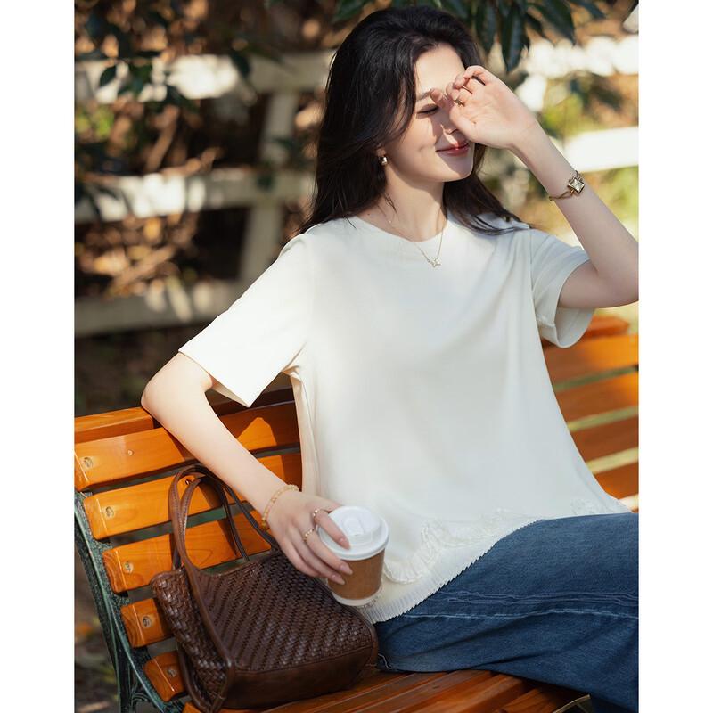 Women's Washed Air Layer Lace-Spliced Short Sleeve T-Shirt
