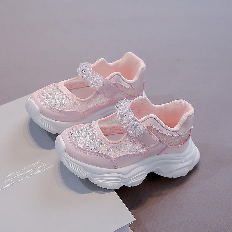 

Спортивная обувь для девочек, блестящие пайетки, детские кроссовки для бега со сладким бисером, нескользящие, лето 2025, новая детская обувь принцессы, мягкая подошва 33 розовый