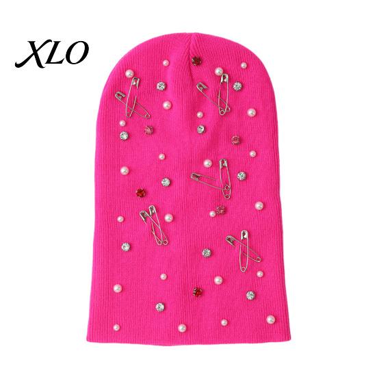 Soft Yarn Warm Cap Colorful Rhinestone Knitted Hat, Faux Pearl Safety Pin Punk Knit Stylish Music Festival Hat Bling Winter Hip Hop for Women