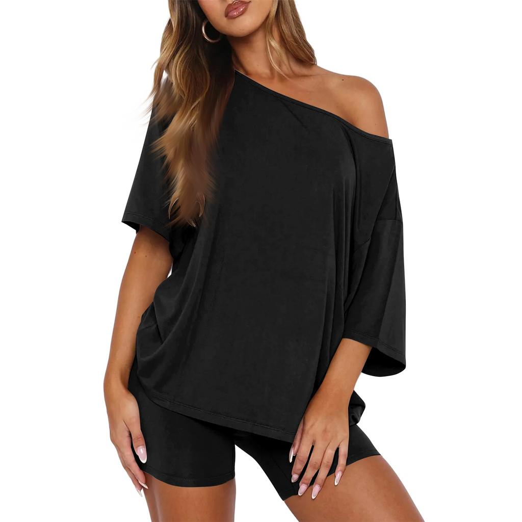 Casual Loose Fit Two Piece Set Women Short Sleeve Off Shoulder Top with Relaxed Shorts Lounge Wear Outfit