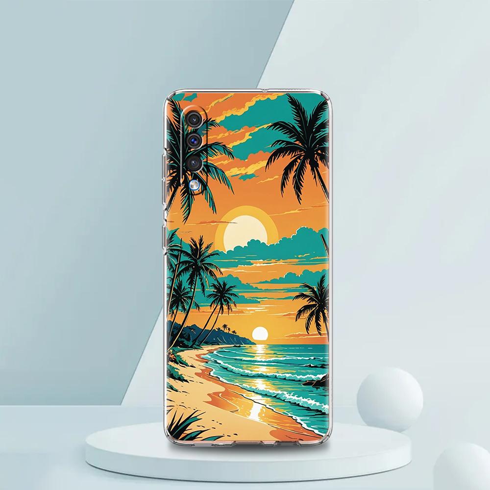 Transparent Phone Case for Samsung Galaxy A16 A14 A12 A22 A24 A42 A02 A06 A20 A30 A40 Soft TPU Cover Sunset Coconut Tree Pattern