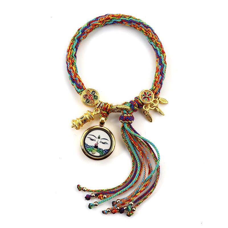 Woven Zhakiram Five Wealth Gods Eye Bracelet with Green Tara and Manjushri Thangka Design