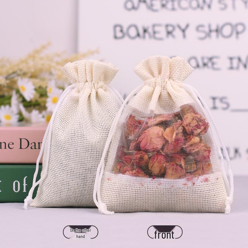 Super Source Hemp Drawstring Patchwork Mesh Bag for Cosmetics Organization