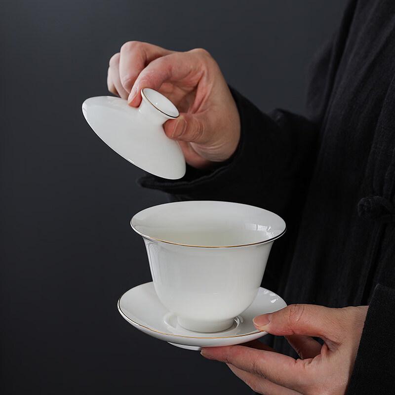 Mutton-Fat Jade Gold-Painted Ceramic Gaiwan Teacup