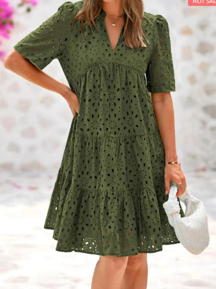 V-neck Short Sleeved Hollow Lace A-line Skirt Sweet Dress