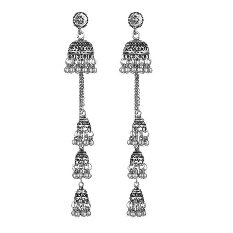 Retro Bollywood Oxidized Women Jhumka Indian Earrings Femmes Ethnic Gold Silver Color Afghan Bell Long Tassel Drop