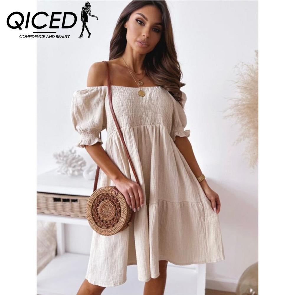 

QICED Сексуальное платье с разрезом на шее Женское Летнее Плиссированное с пышными рукавами Открытая спина Вечерние Пляжные платья Женское Элегантное Однотонное Платье до колена XXXL бежевый