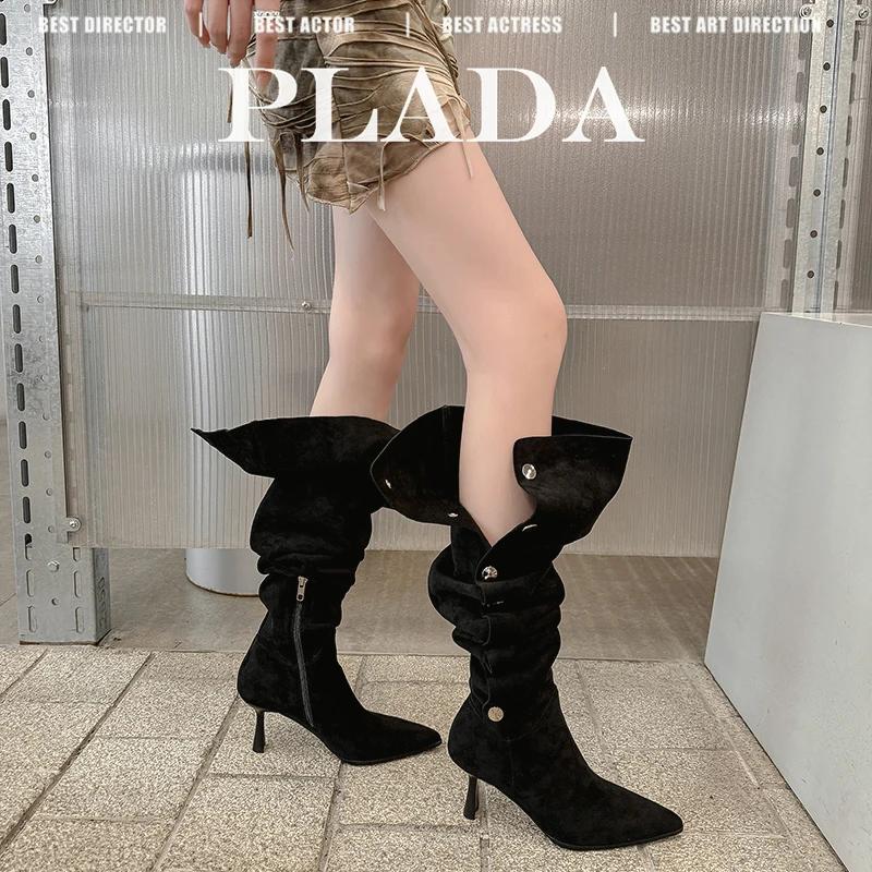 Fashion Autumn Winter Women Knee-high Boots 22-25cm Stretch Flannel Pointed Toe Side Zipper Rivet High Heel Pile Up Boots Long Boots