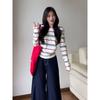 Korean-Style Diagonal Collar Striped Long-Sleeve Knit Top for Women, Early Spring Slim-Fit Versatile Top, Casual Short Off-Shoulder T-Shirt