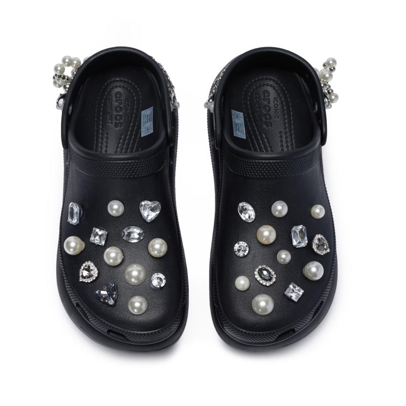 Crocs Classic Crush 811 Made In the Secret Moon Bow Pearl Chain Hole Shoes Unisex Black and White