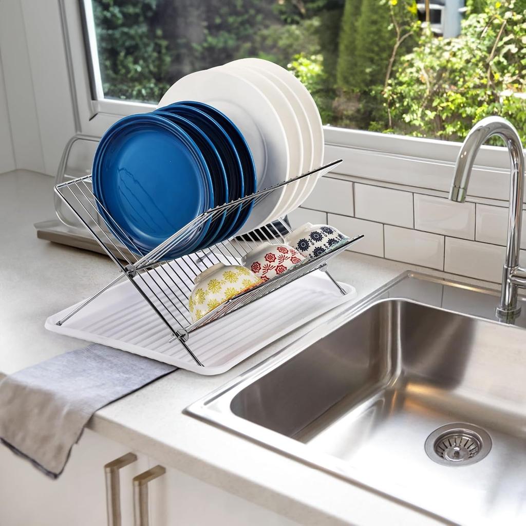 Foldable Dish Drying Rack with Drip Tray, Stainless Steel 2 Tier Dish Drainer Rack, Collapsible Dish Drainer, Folding Dish Rack