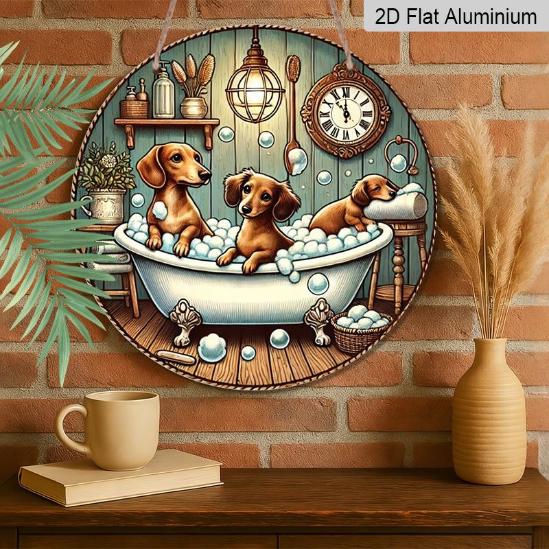 2D Flat 1pc, Bathing Dog Theme Design, Flat Printed Aluminum Metal Signs, Circular Iron Hanging Picture, 8x8 Inch Wall Decoration, Bar, Cafe, Club