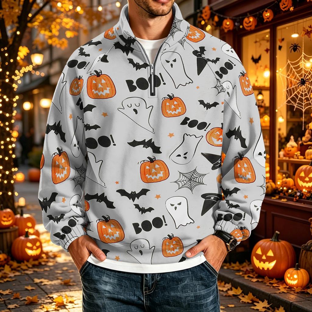 Men's Casual Stand Collar Raglan Sleeve Sweatshirt with Halloween Print