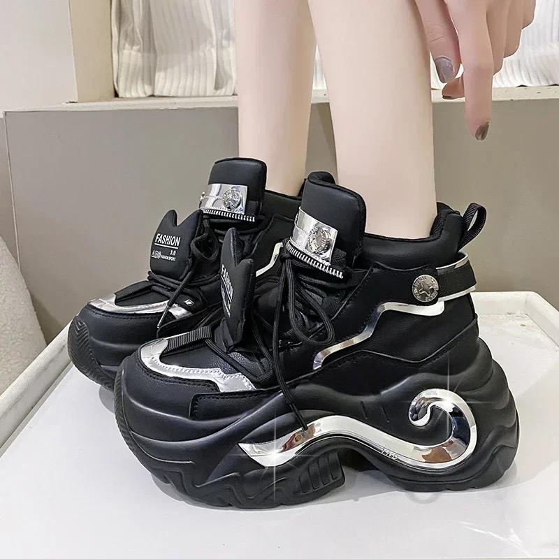 Fashion Autumn Women Chunky Sneakers 6.5CM Heels Winter Thick Sole Casual Vulcanized Shoes High Platform Genuine Leather Sneakers Woman