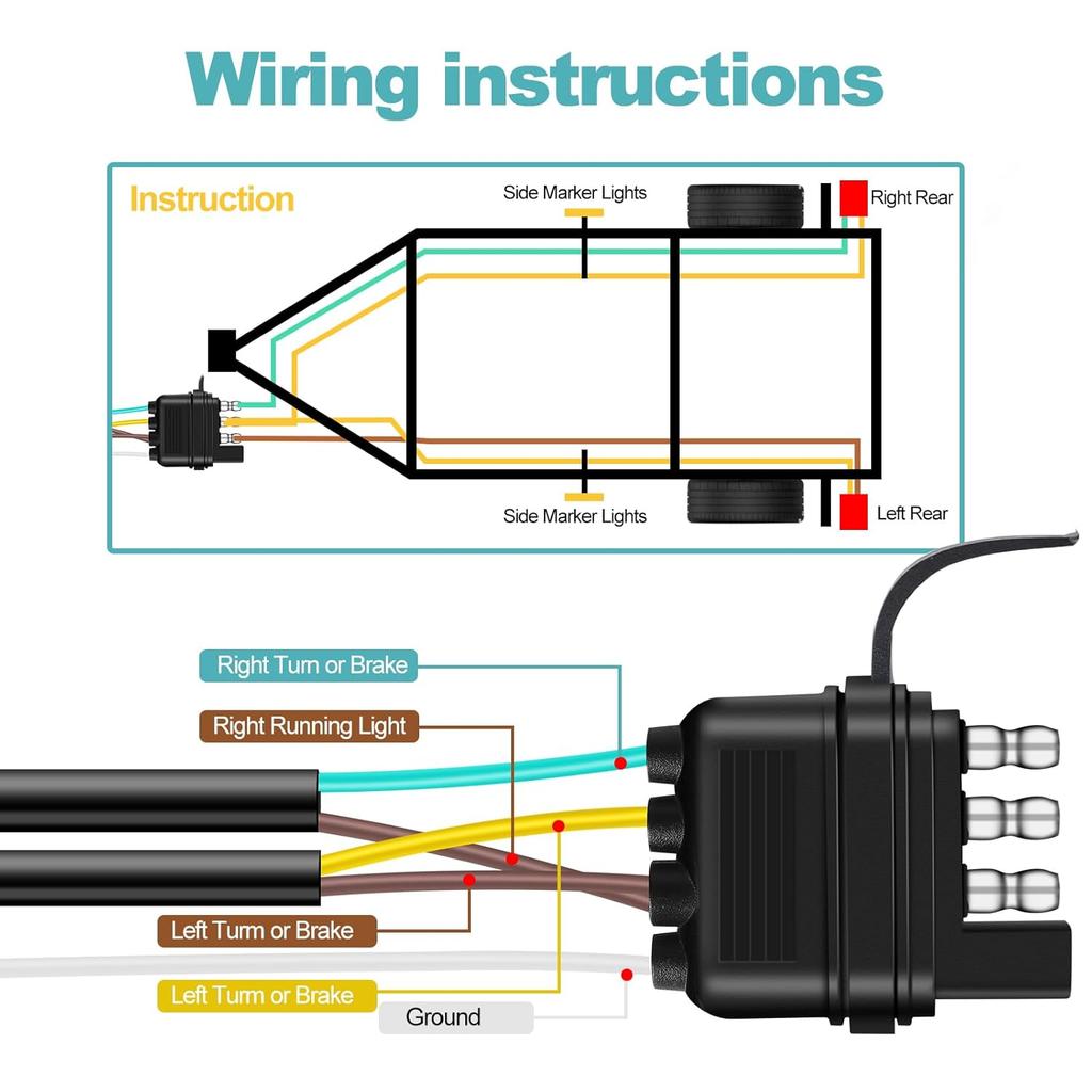 22FT 4 Pin 5 Wire Trailer Wiring Harness Protected By Nylon Net Tube, Utility Pure Copper Boat Trailer Wiring Kit For Trailer Tail Light Rewiring,