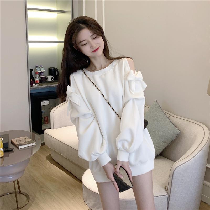 Women's White Off-Shoulder Sweatshirt Loose Fit Long Sleeve Casual Mini Dress with Pockets