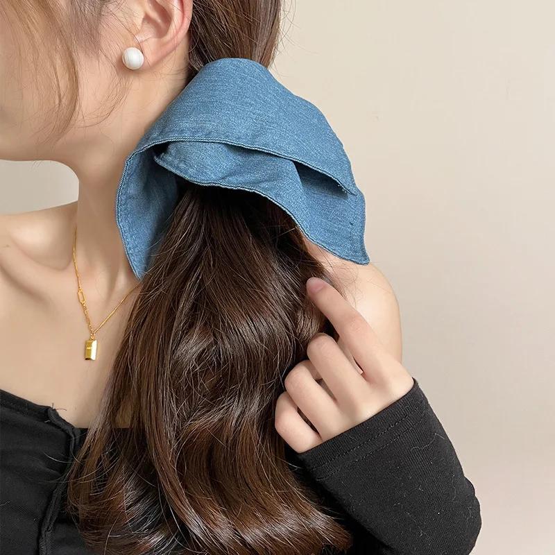 

22x22cm Vintage Retro Women Oversized Denim Square Scrunchie Female Ponytail Hair Ties Elastic Hair Band Headwear Accessories