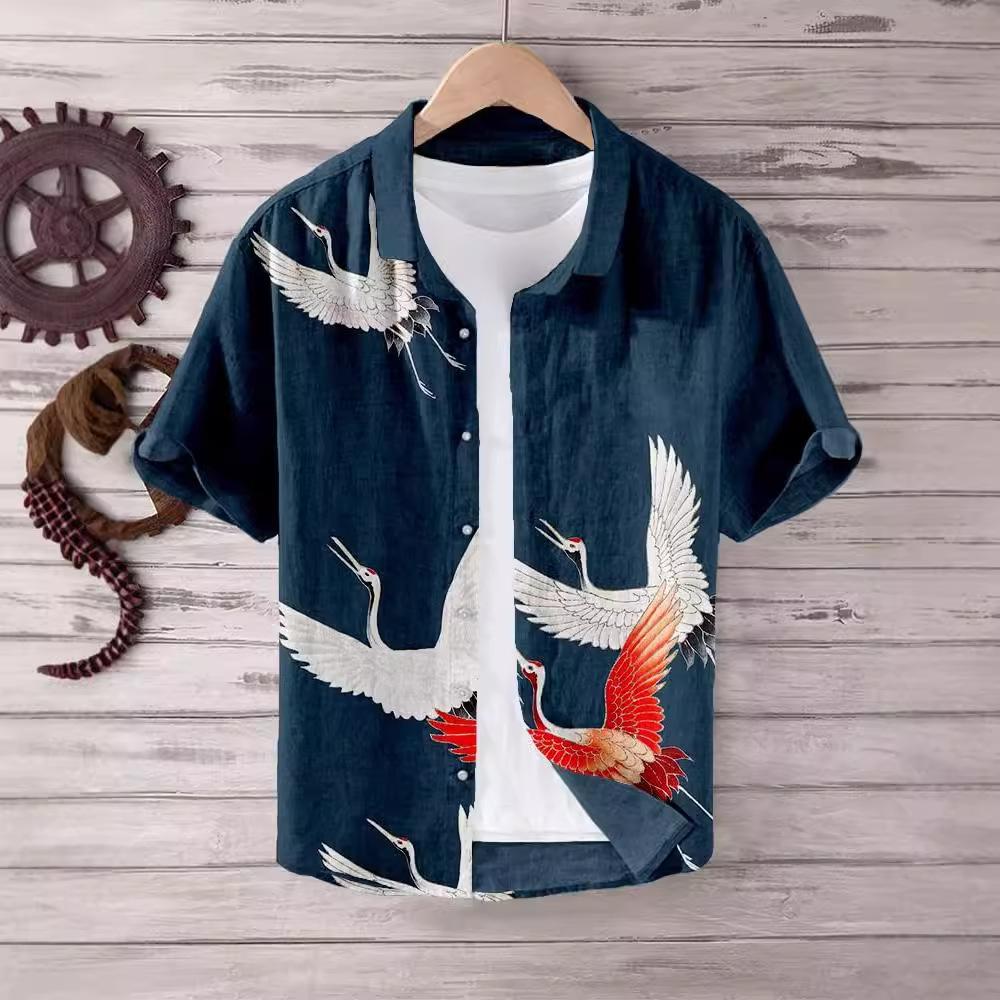 Direct Sales of National Style Short-sleeved Shirts Men's Tops Wholesale Cardigan 1D Digital Printing National Trend