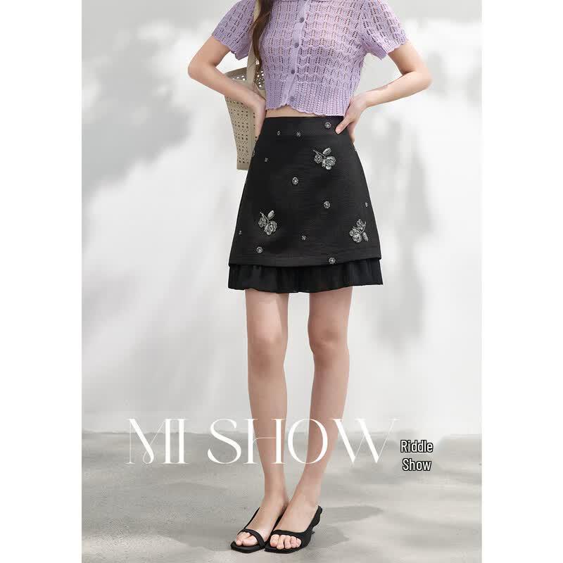 Women s High-Waist Floral Sequin A-Line Mini Skirt M