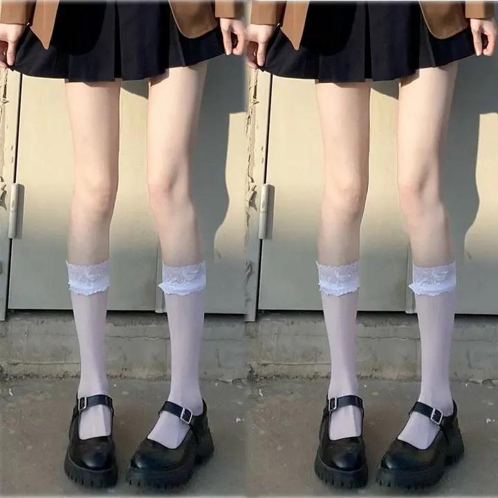 Lolita Summer Nylon Floral Lace Trim Calf Socks Ultra-Thin Transparent Sheer Knee High Socks Jk Girl Women Long Kawaii Stockings