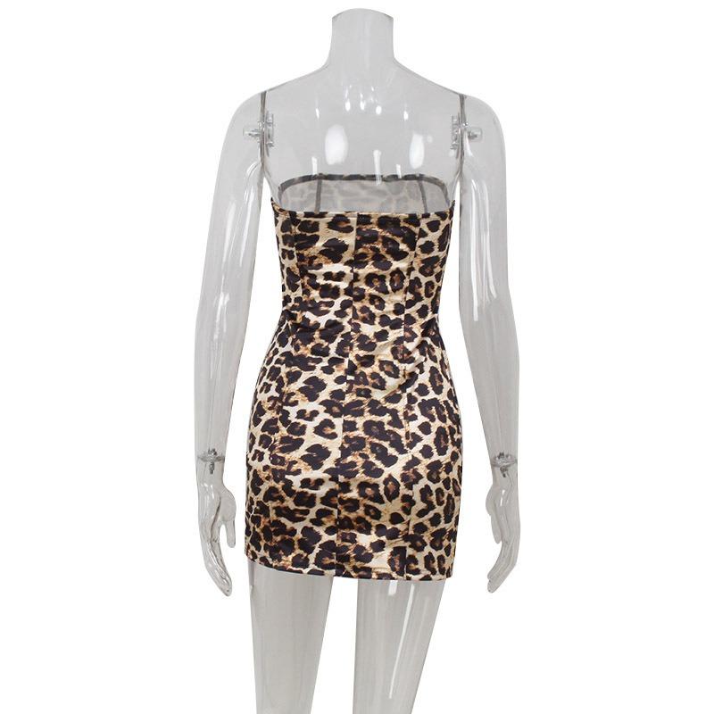 Damenmode Sexy Klassisches Leopardenmuster Brust PU Leder Kurzes Spice Girl Kleid