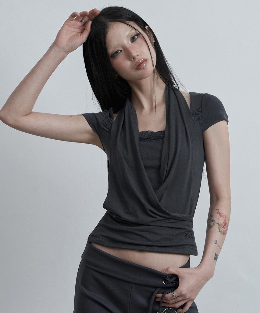 Aejeuyua Lace Cowl Neck T-Shirt Charcoal