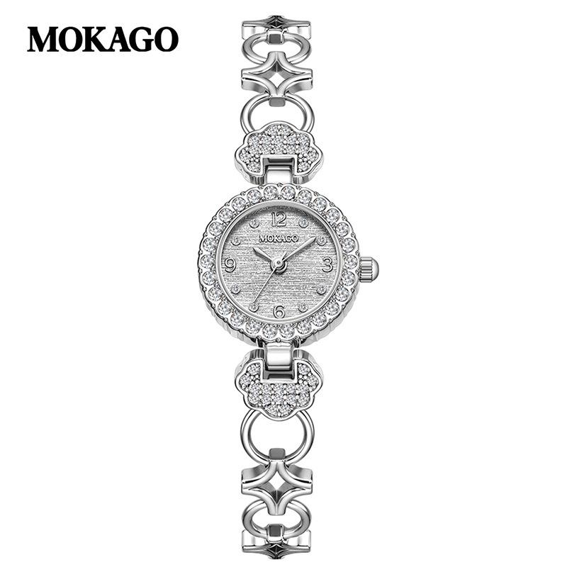 Роскошные женские кварцевые часы Mokga: Браслет из меди с бриллиантами, водонепроницаемый, элегантный дизайн.