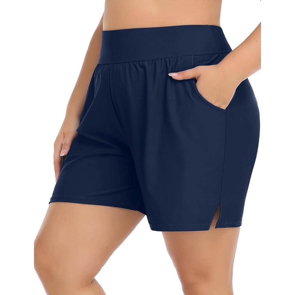 CHARMLEAKS Plus Size Swim Shorts for Women High Waisted Board Shorts Tankini Swimsuit Bottom with Pockets