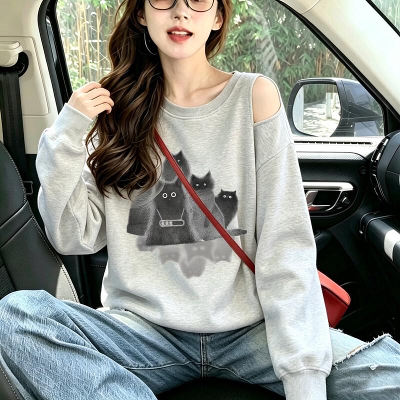 ZOSOUL Women's Casual Cat Print Off-Shoulder Sweatshirt