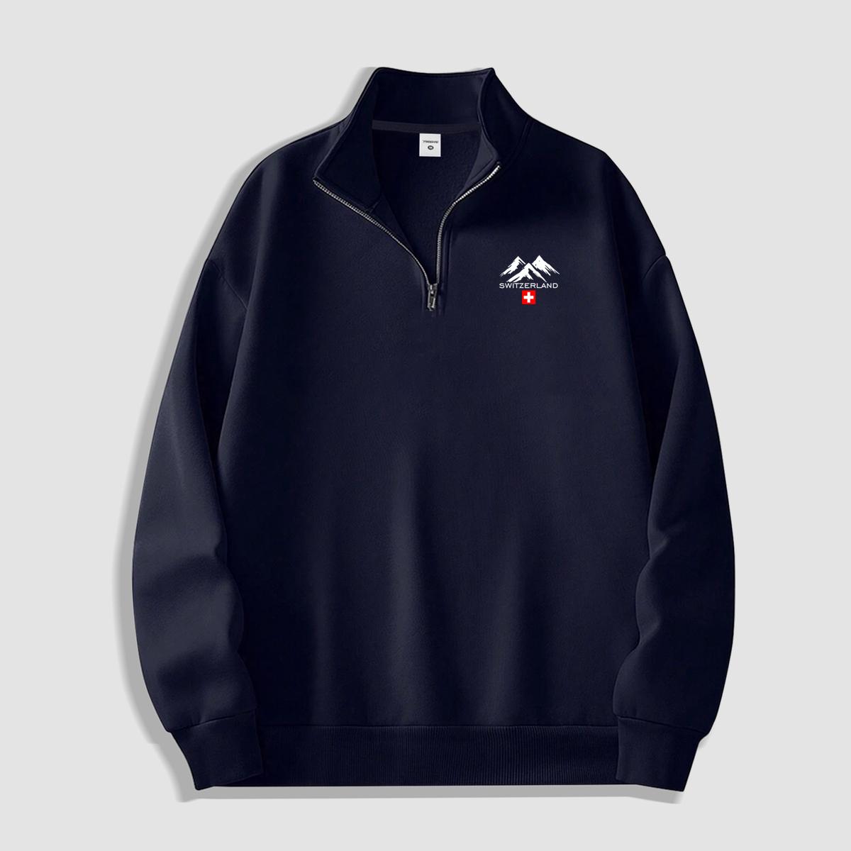 

Minimalist Style: Switzerland Swiss Flag Snow-Capped Mountain Print Half-Zip Sweatshirt – Relaxed-Fit Stand-Up Collar Top for Everyday Commuting XXL темно-синього кольору