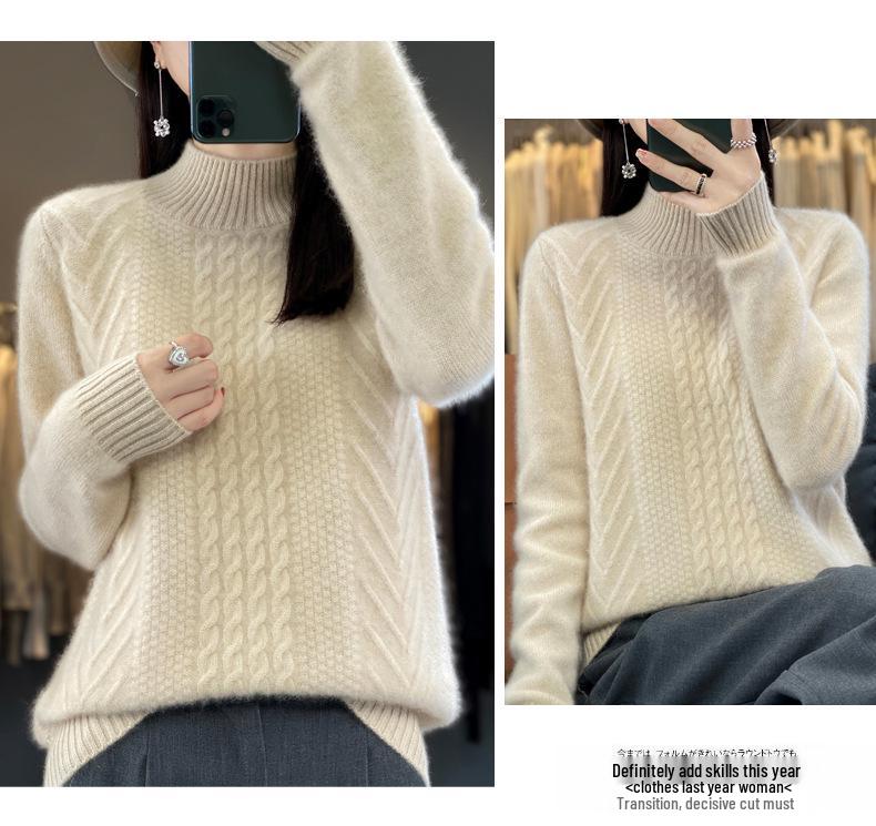 Women's High-Neck Wool Sweater: Autumn/Winter Loose Fit Cable Knit Base Layer, Thickened and Stylish.