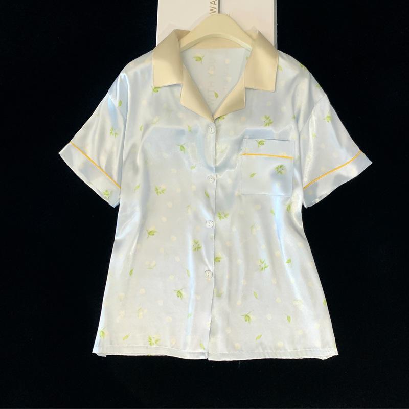 Summer Small Fresh Japanese Style Floral Short-Sleeved Pajamas Women'S Ice Silk Outer Wear Suit