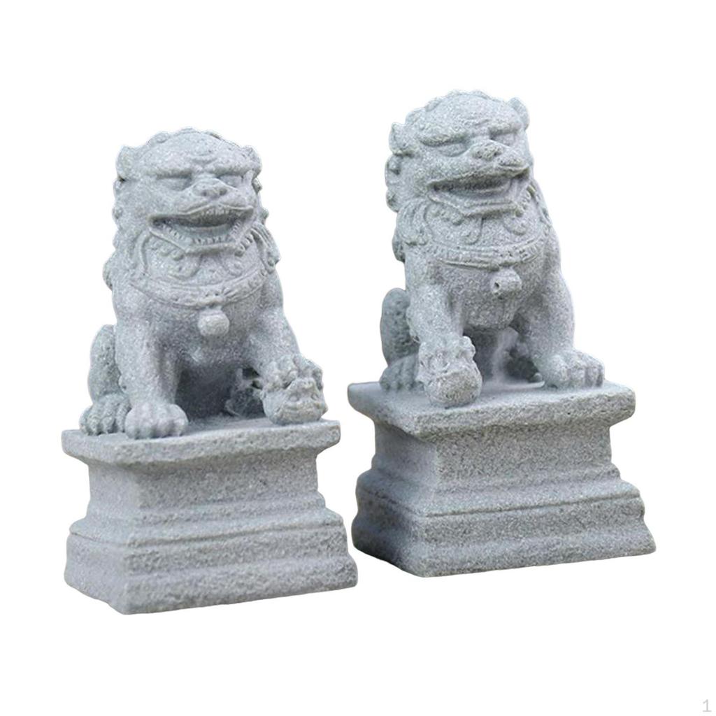 Asian Style 2Pcs Lions Statues Garden Sculptures Miniature Sandstone Home