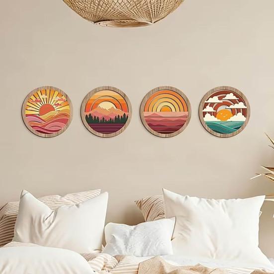 Retro Sunset Landscape Wall Art 4Pcs Boho Art, Abstract Round Hanging Ornaments, Modern Home Decor for Cafe Wooden Living Room Bedroom Hallway Office