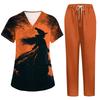 Women's Uniform Set with Halloween Print, Short Sleeve Top and Pants with Pockets, 2-Piece