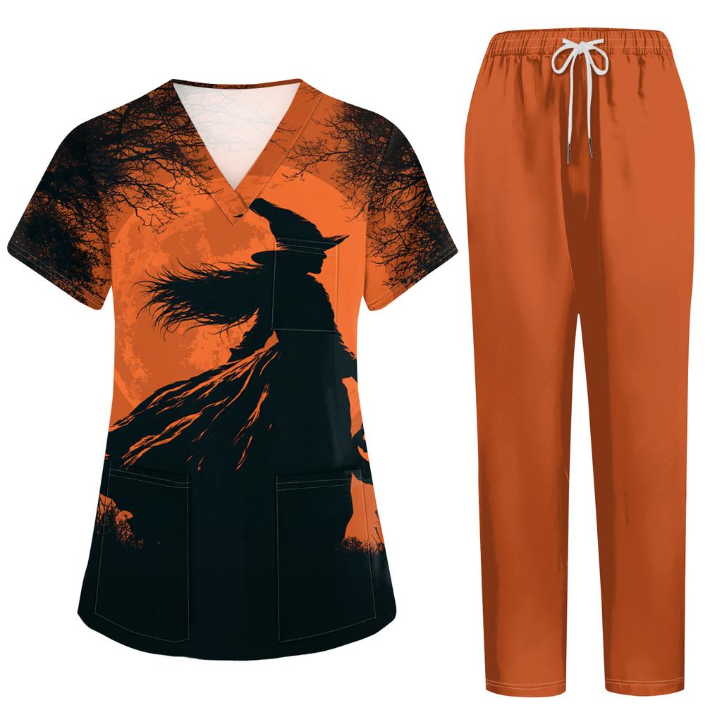 Women's Uniform Set with Halloween Print, Short Sleeve Top and Pants with Pockets, 2-Piece