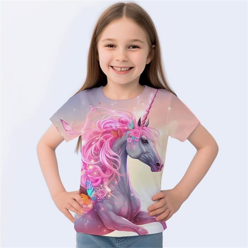 Children's Clothing Girl T-Shirt Short Sleeve Cartoon Horse 3D Print Kids Summer Clothes Casual Cute Round Neck Girl Clothes Top