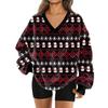 Women's Fashionable V-neck Christmas Printed Long Sleeved Casual Pullover Plush Warm Pocket Sweatshirt Top