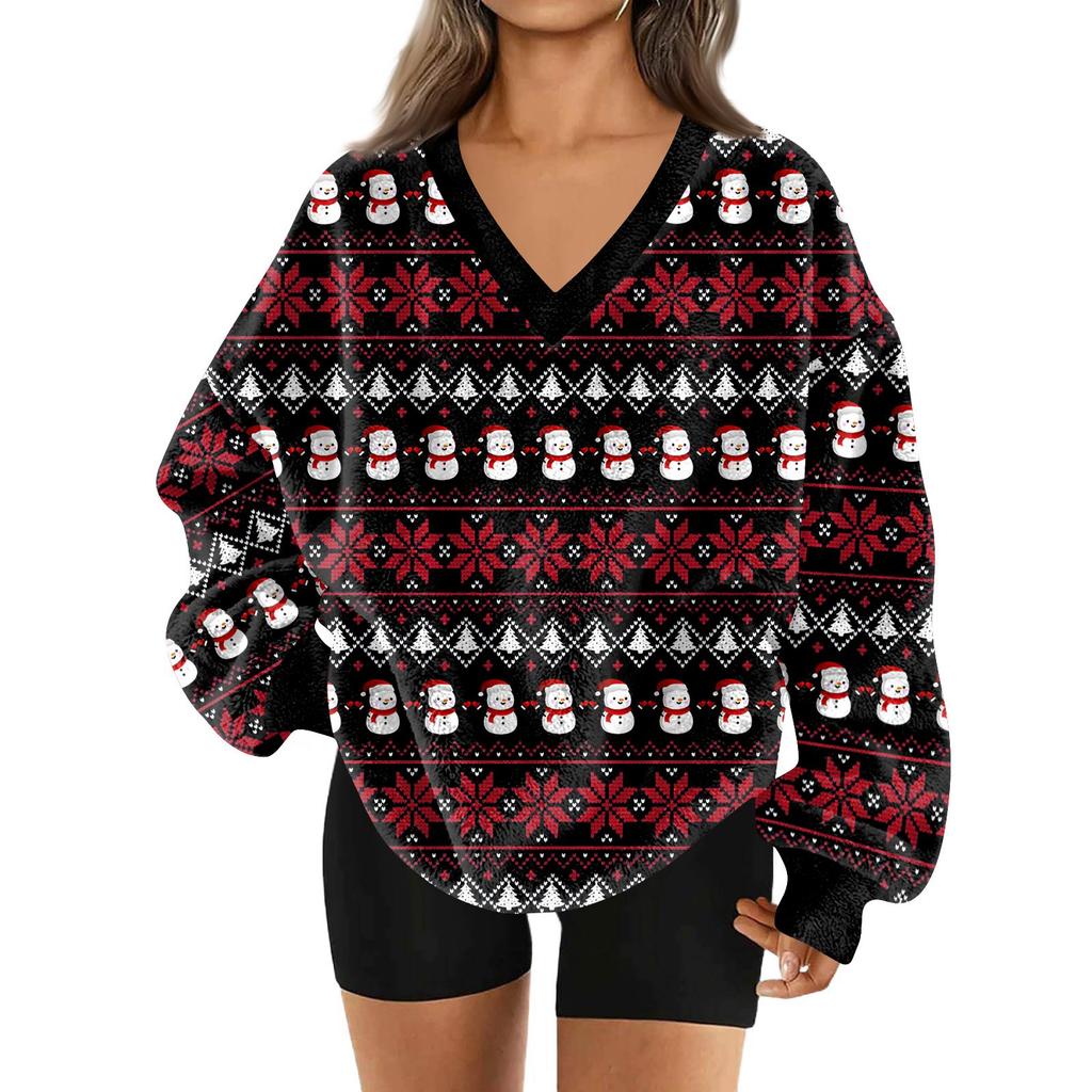 Women's Fashionable V-neck Christmas Printed Long Sleeved Casual Pullover Plush Warm Pocket Sweatshirt Top