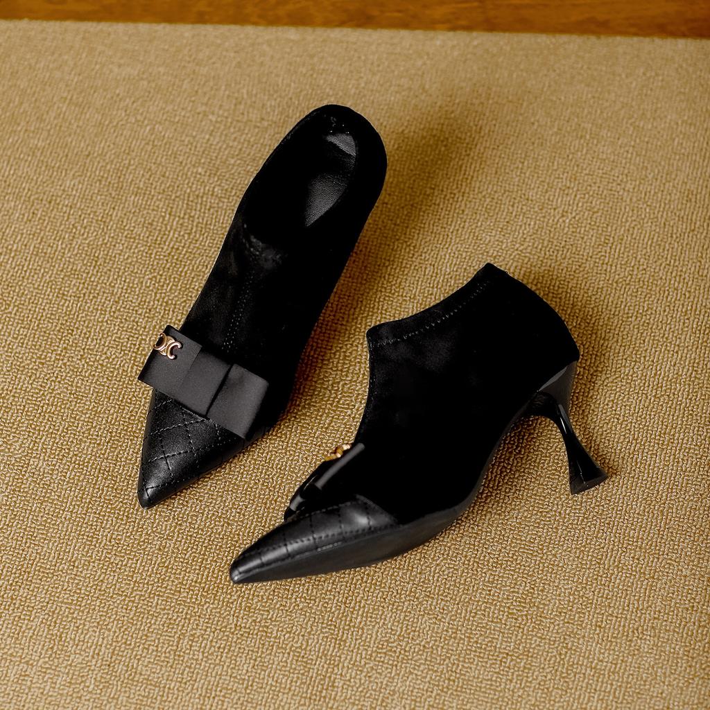 Black Xiaoxiangfeng deep mouth high heels women's autumn and winter new splicing thin heel pointed elastic thin boots bare boots
